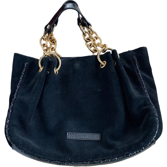 BCBGMAXAZRIA Black Suede Handbag Patent Leather & Gold Tone Chain Handle - Picture 13 of 13